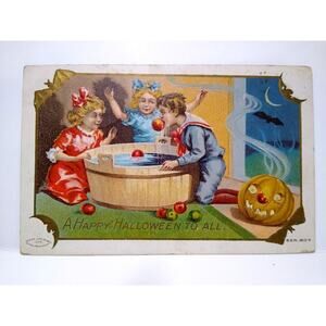 Halloween Postcard Fantasy Bats Crescent Moon Border Apple Game Taggart 1910
